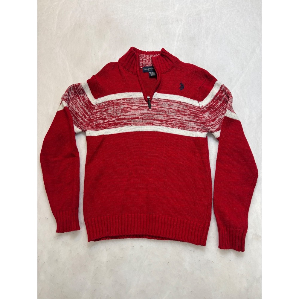 Kids U S Polo Assn Red White Striped Quarter Zip Sweater Size M 10/12‎